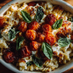 Overhead view of baked feta pasta in a rustic ceramic dish