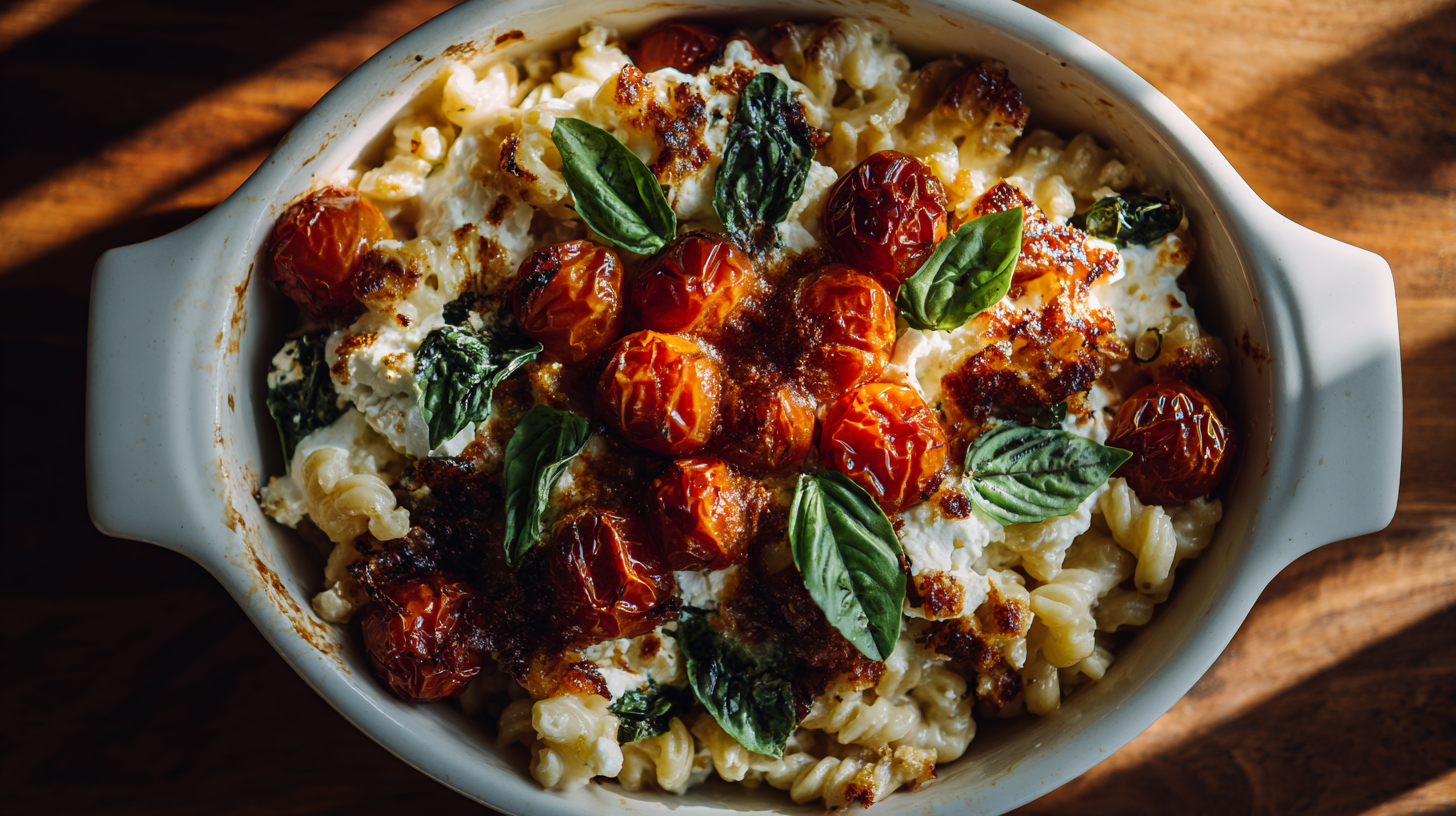 Overhead view of baked feta pasta in a rustic ceramic dish