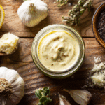 Homemade Caesar Dressing in glass jar with ingredients