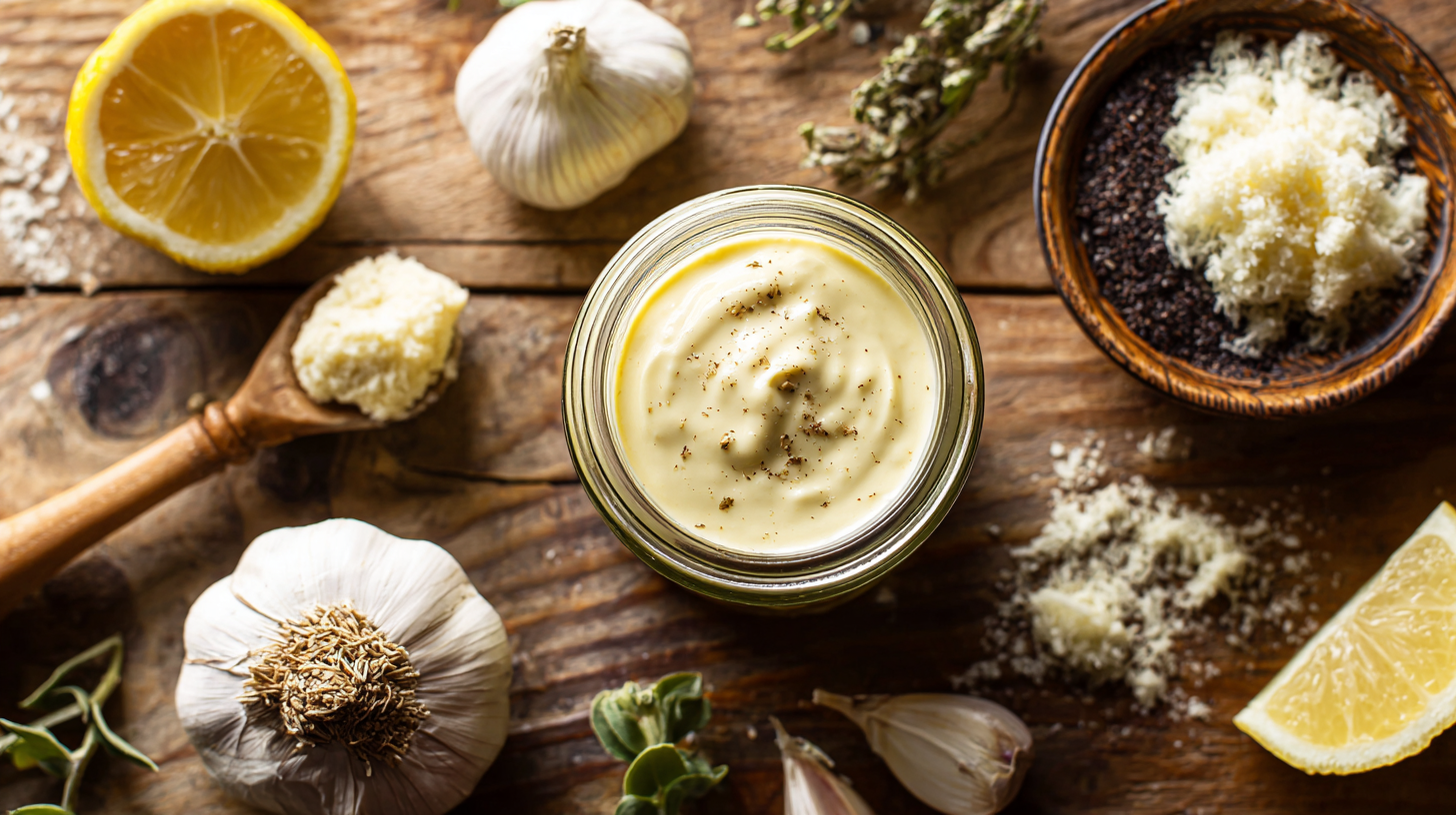 Homemade Caesar Dressing in glass jar with ingredients