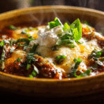 Bowl of lasagna soup with cheese and herbs