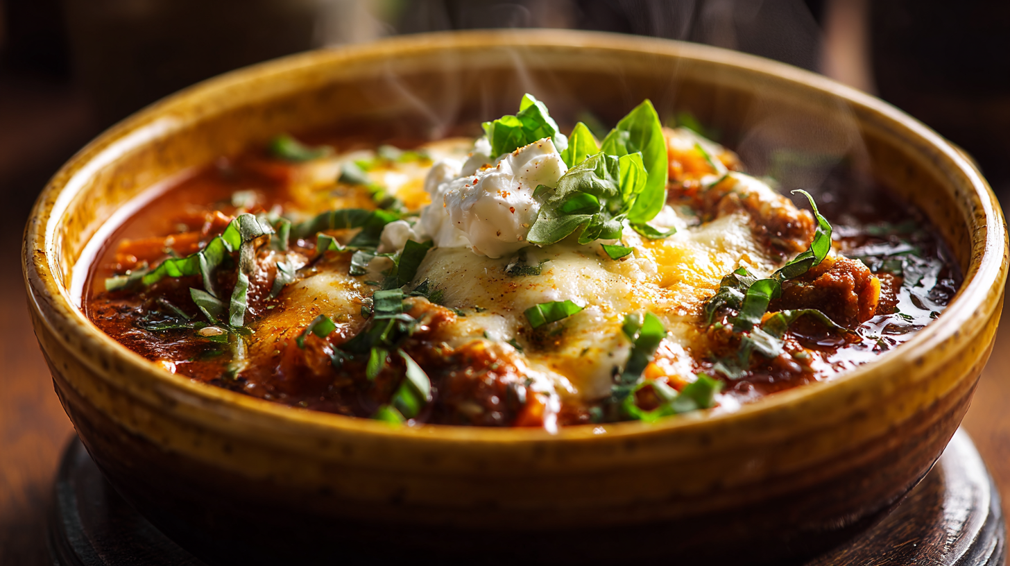 Bowl of lasagna soup with cheese and herbs