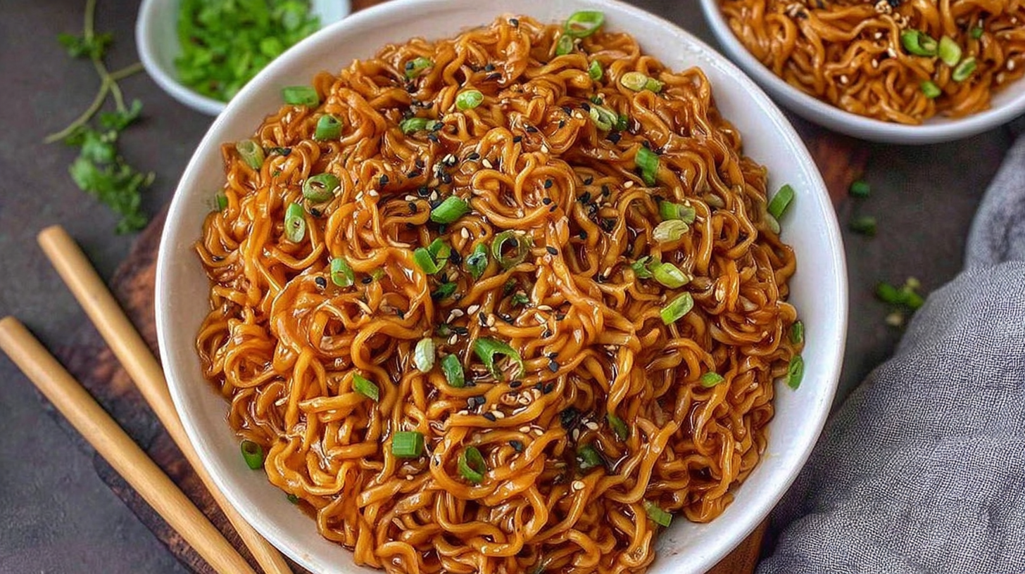 Vegan ramen noodles with glossy sauce and toppings