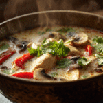 Creamy Thai Chicken Soup in a bowl with red peppers and herbs