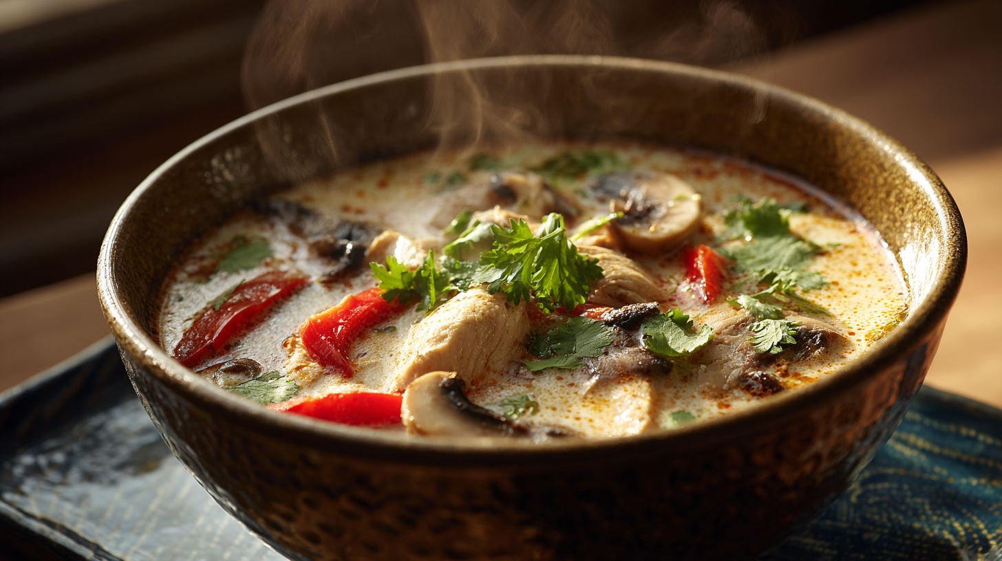 Creamy Thai Chicken Soup in a bowl with red peppers and herbs