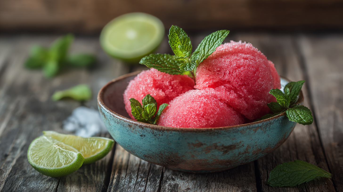 Bowl of homemade watermelon sorbet with mint and lime