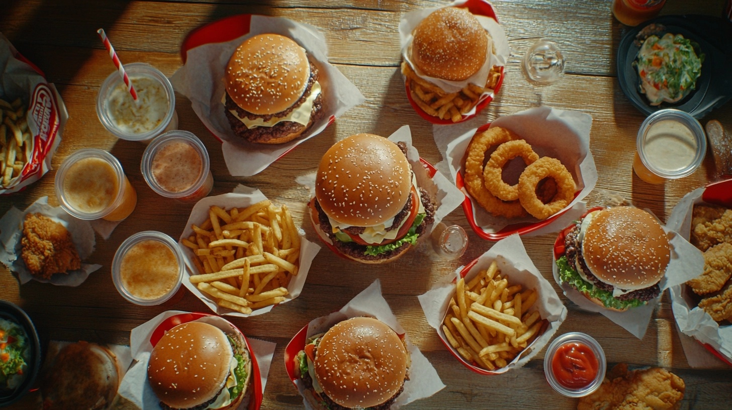 Burger King Mukbang feast with burgers, fries, and shakes