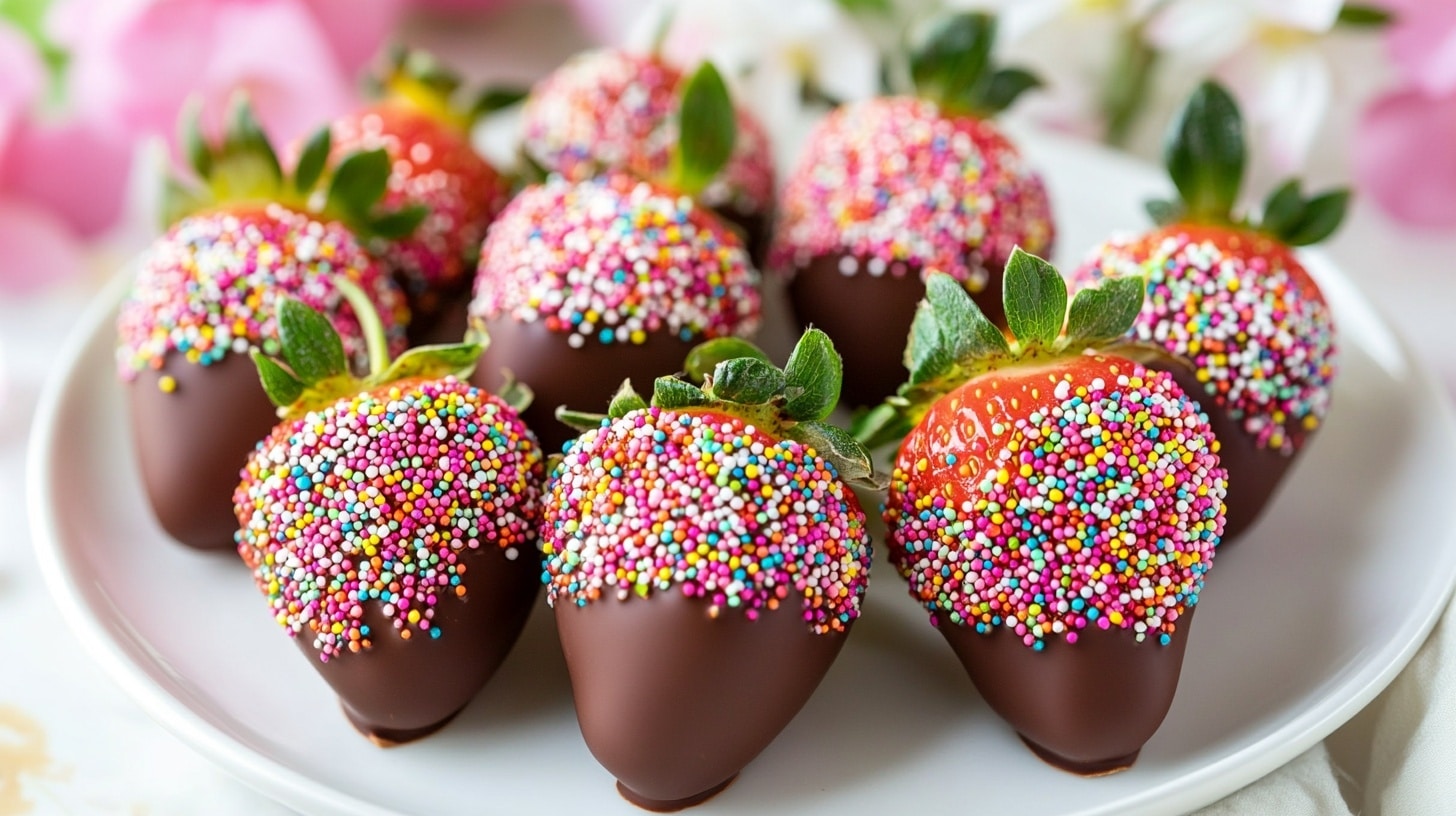 Chocolate-dipped strawberries with Easter decorations