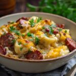 Served bowl of Crockpot Pierogi Casserole with Kielbasa