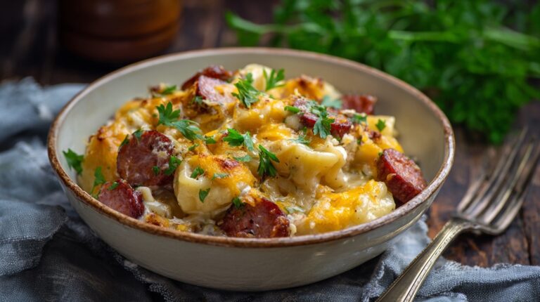 Served bowl of Crockpot Pierogi Casserole with Kielbasa