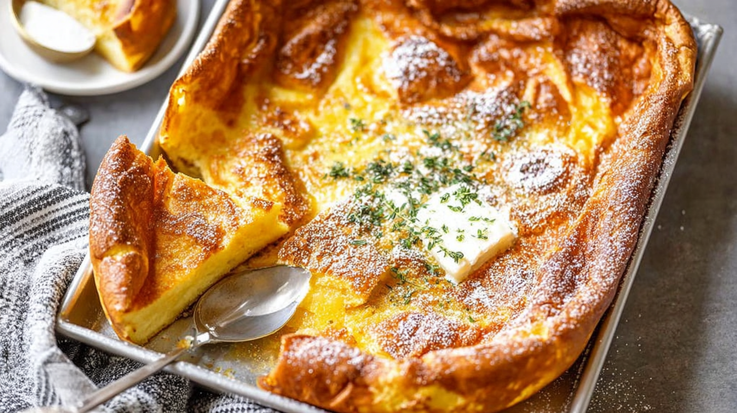Puff-perfect baked German pancake in skillet with powdered sugar