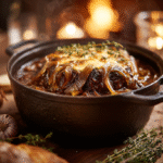 French onion pot roast in Dutch oven with melted cheese and caramelized onions