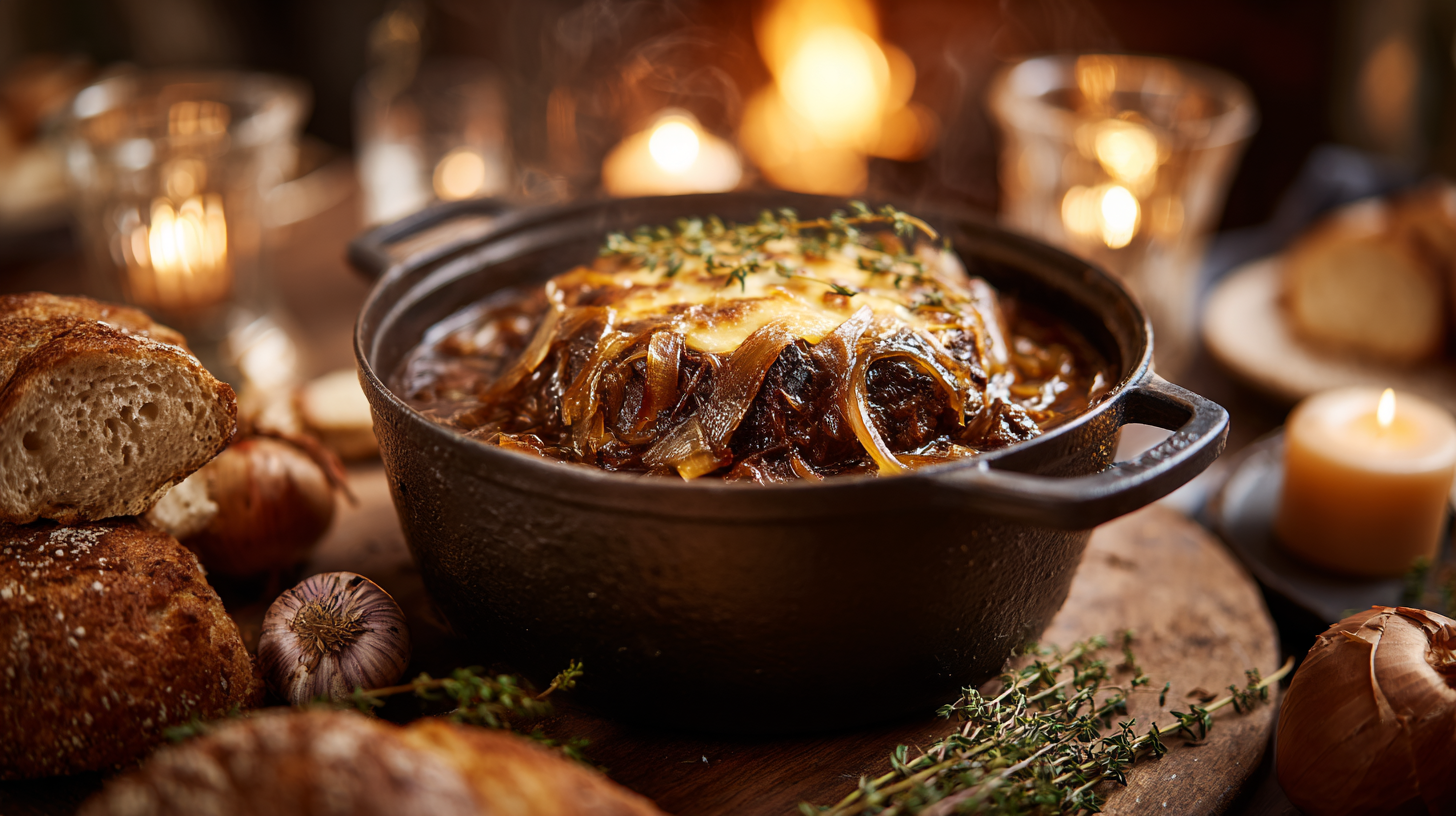 French onion pot roast in Dutch oven with melted cheese and caramelized onions