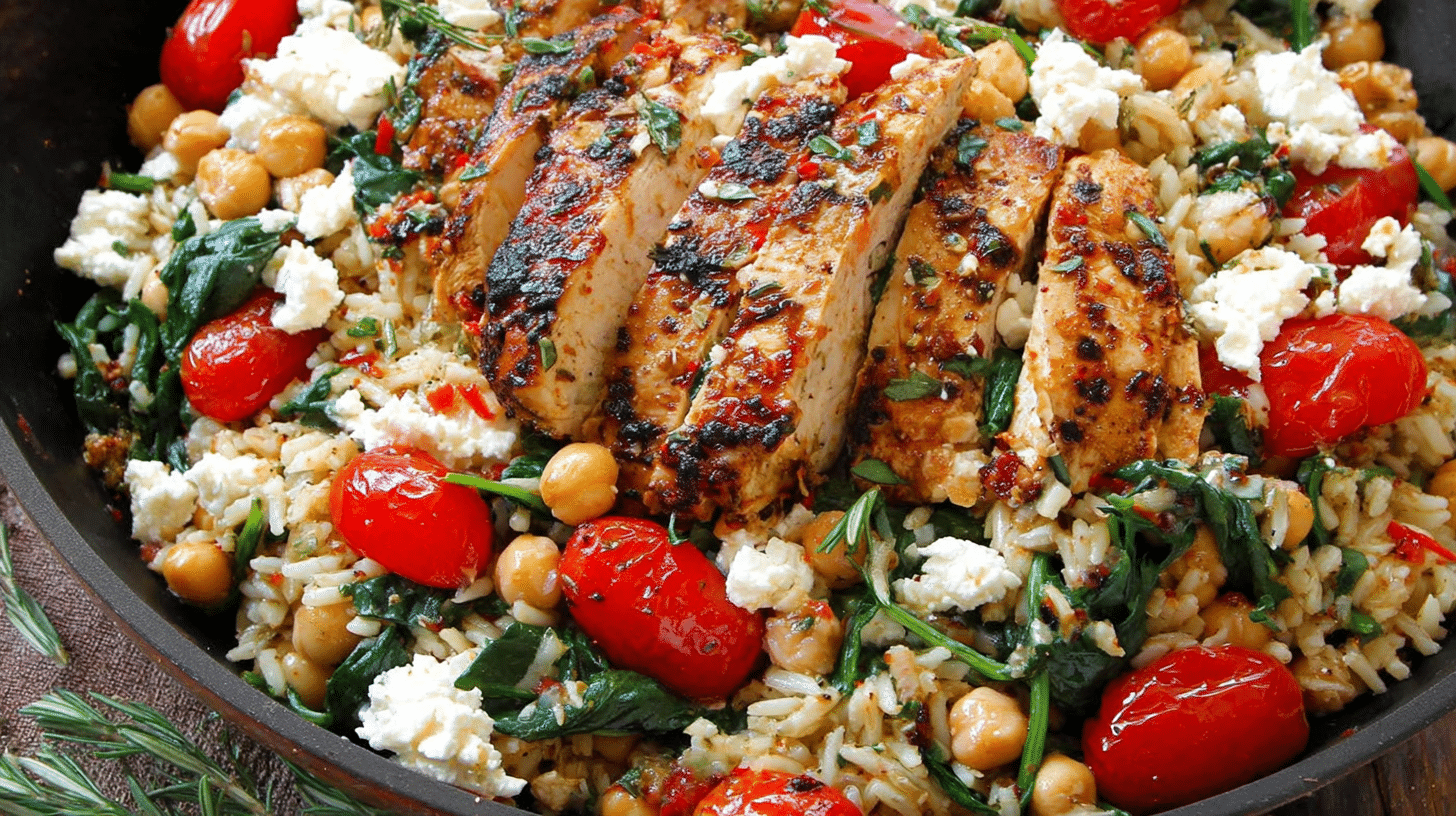 Skillet of Greek Chicken with Lemon Rice topped with parsley