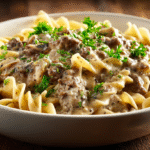 Creamy Ground Beef Stroganoff in a white bowl with parsley garnish
