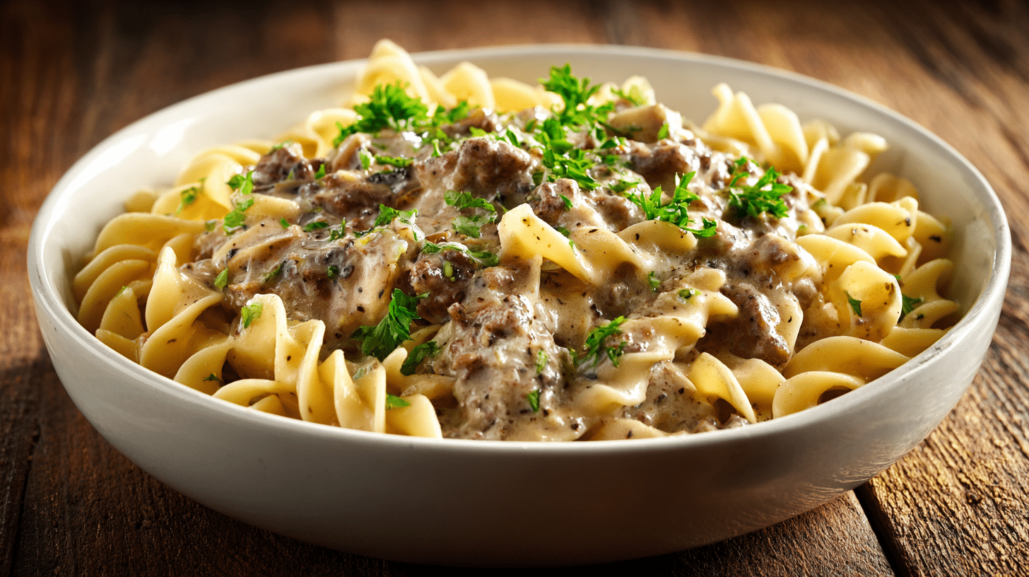 Creamy Ground Beef Stroganoff in a white bowl with parsley garnish