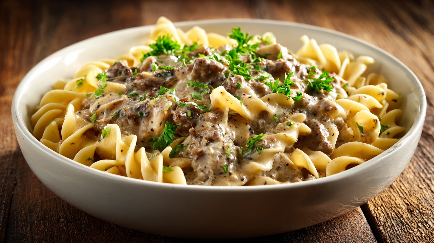 Creamy Ground Beef Stroganoff in a white bowl with parsley garnish