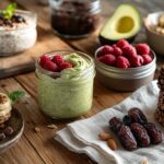 A variety of quick guilt-free desserts on a rustic wooden counter