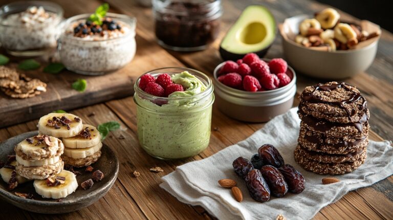 A variety of quick guilt-free desserts on a rustic wooden counter