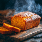 Freshly sliced loaf of healthy moist pumpkin bread