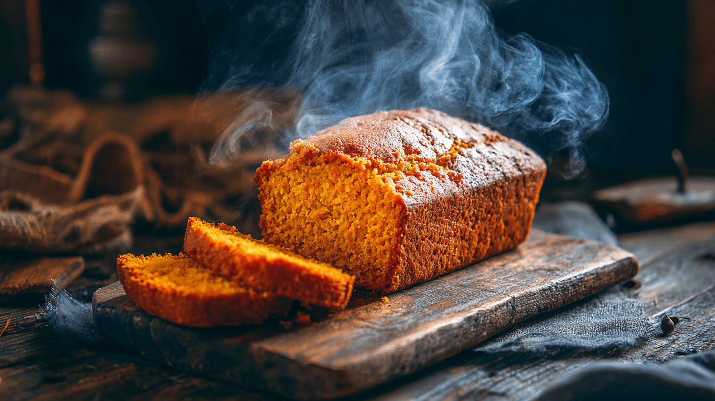 Freshly sliced loaf of healthy moist pumpkin bread