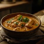 Bowl of homestyle chicken curry with rice and naan