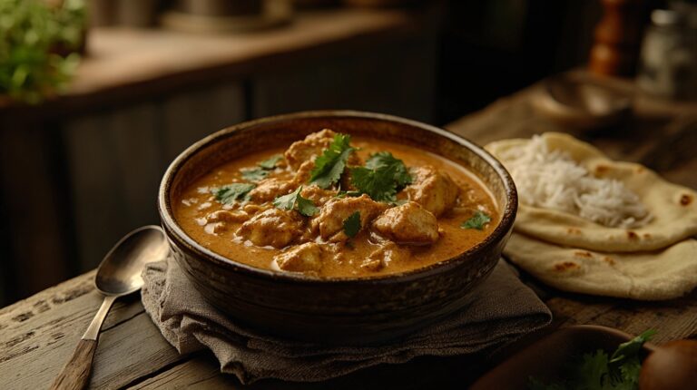 Bowl of homestyle chicken curry with rice and naan