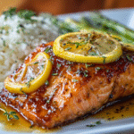 Honey glazed salmon plated with rice and asparagus