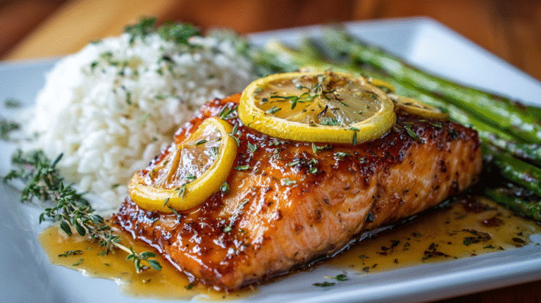 Honey glazed salmon plated with rice and asparagus