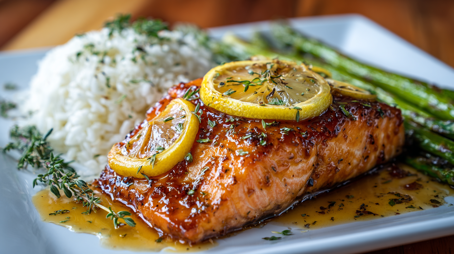 Honey glazed salmon plated with rice and asparagus