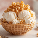 Vanilla ice cream mixed with Rice Krispies in a waffle bowl