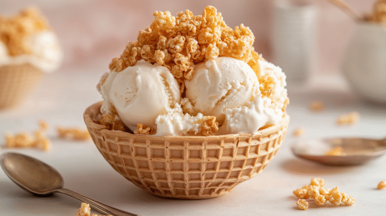 Vanilla ice cream mixed with Rice Krispies in a waffle bowl