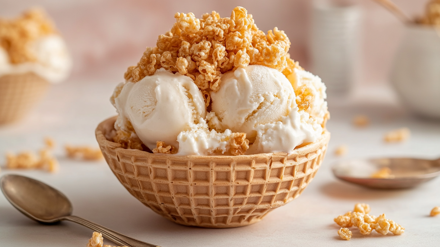 Vanilla ice cream mixed with Rice Krispies in a waffle bowl