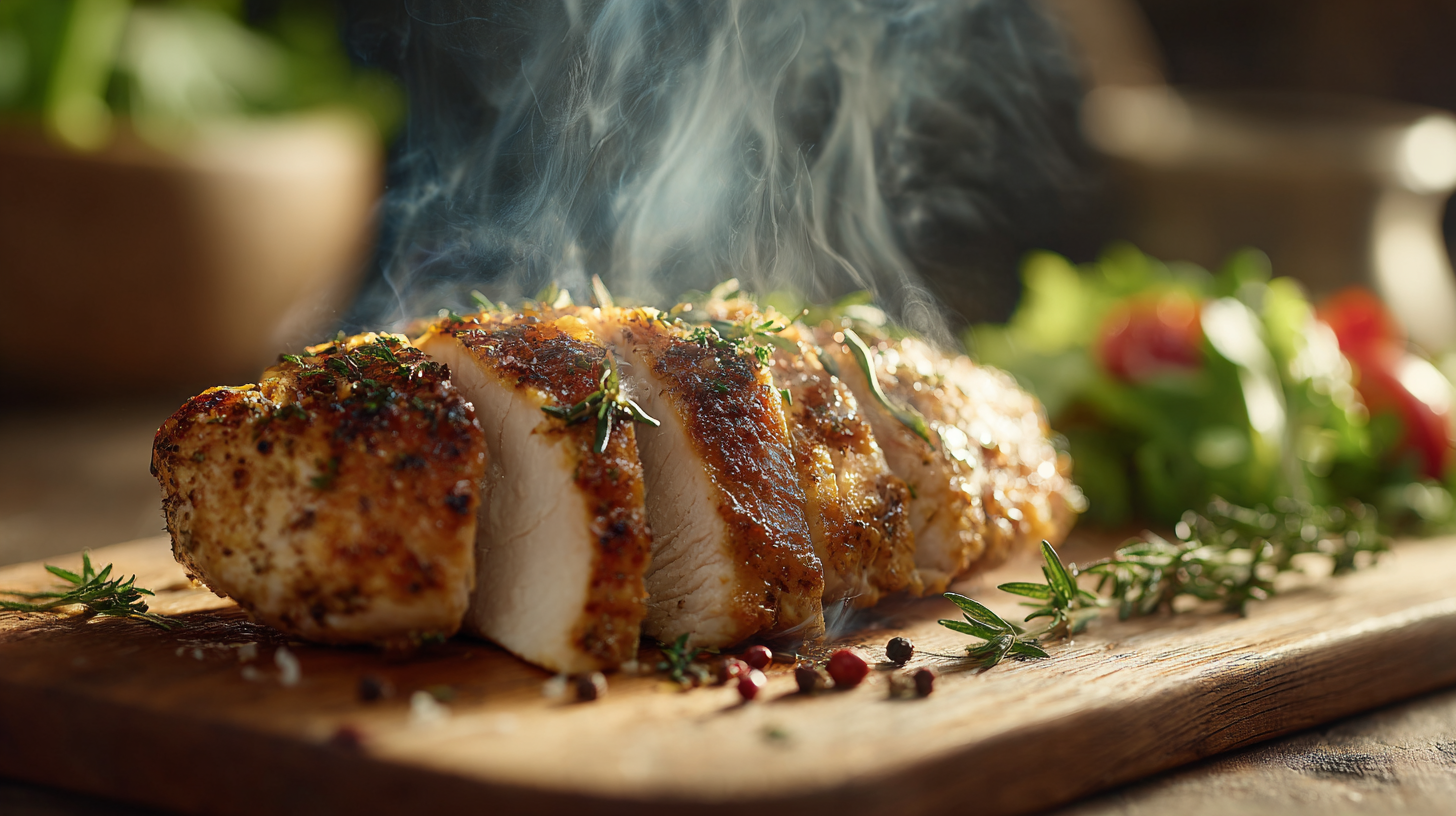 Juicy sliced air fryer chicken breast with salad