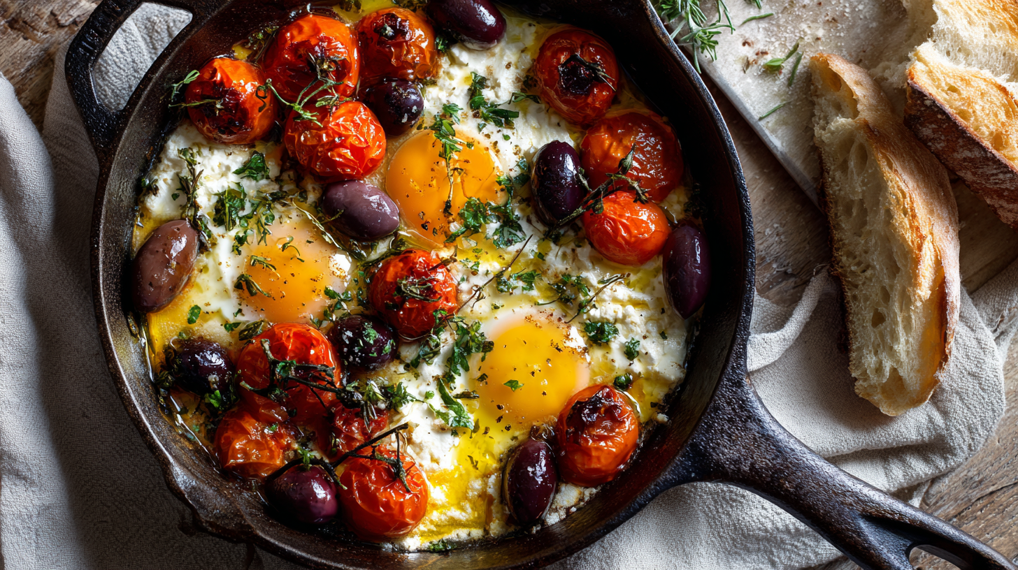 Baked feta and eggs in a skillet with Mediterranean toppings