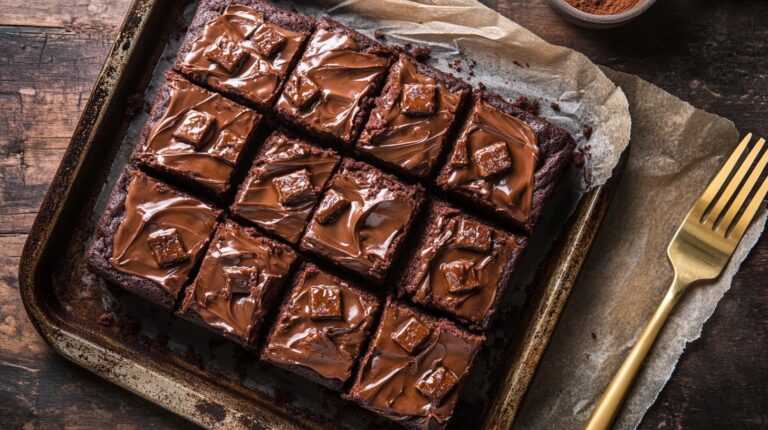 Gooey melty Mars Cake cut into squares on baking tray