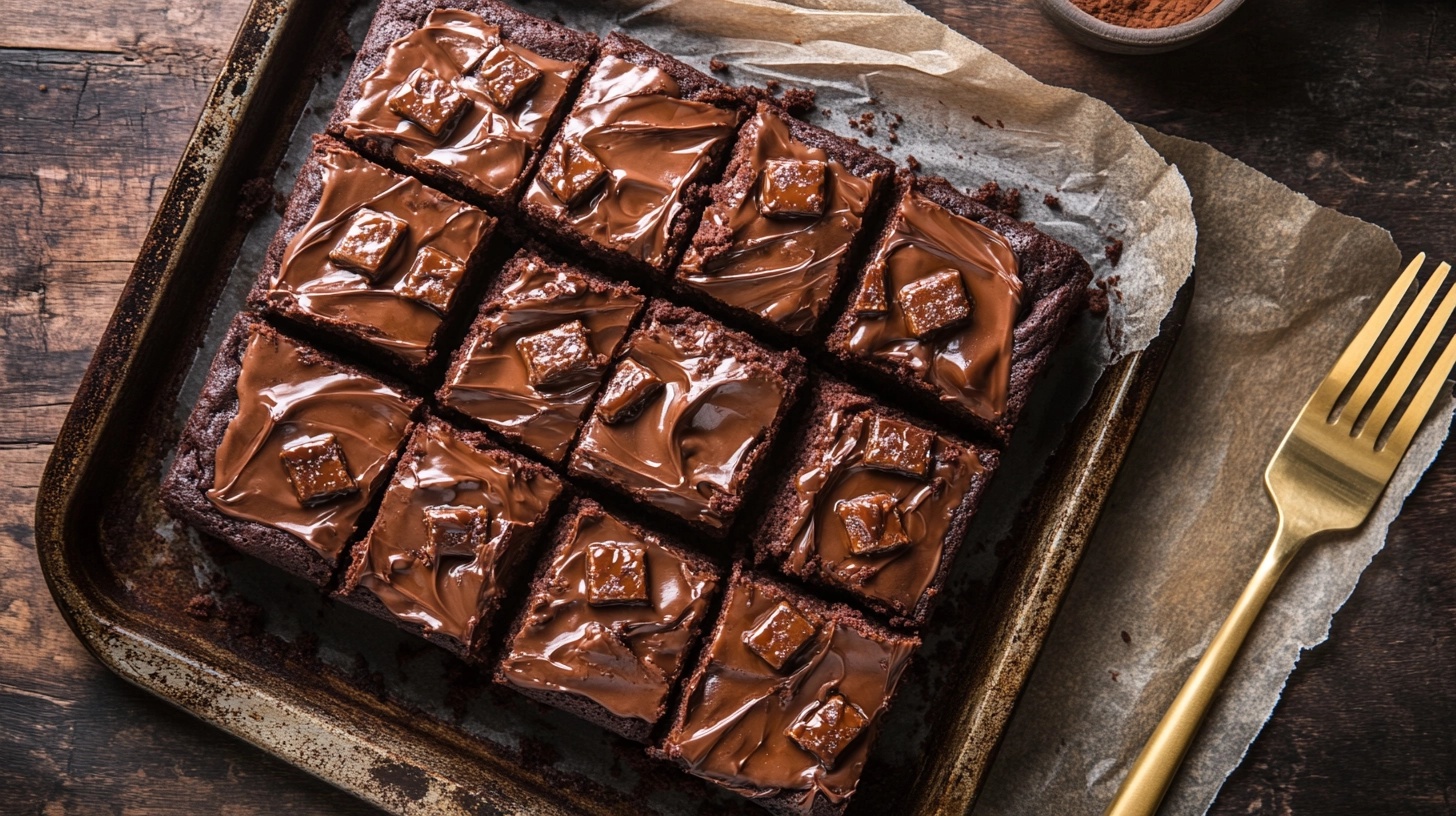 Gooey melty Mars Cake cut into squares on baking tray