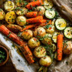 Mixing Garlic Herb Roasted Vegetables in Bowl