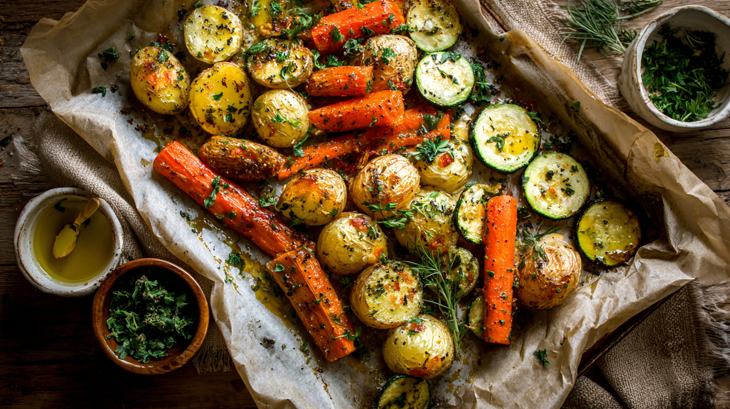 Mixing Garlic Herb Roasted Vegetables in Bowl