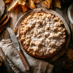 Pumpkin coffee cake with cinnamon streusel on a wooden table