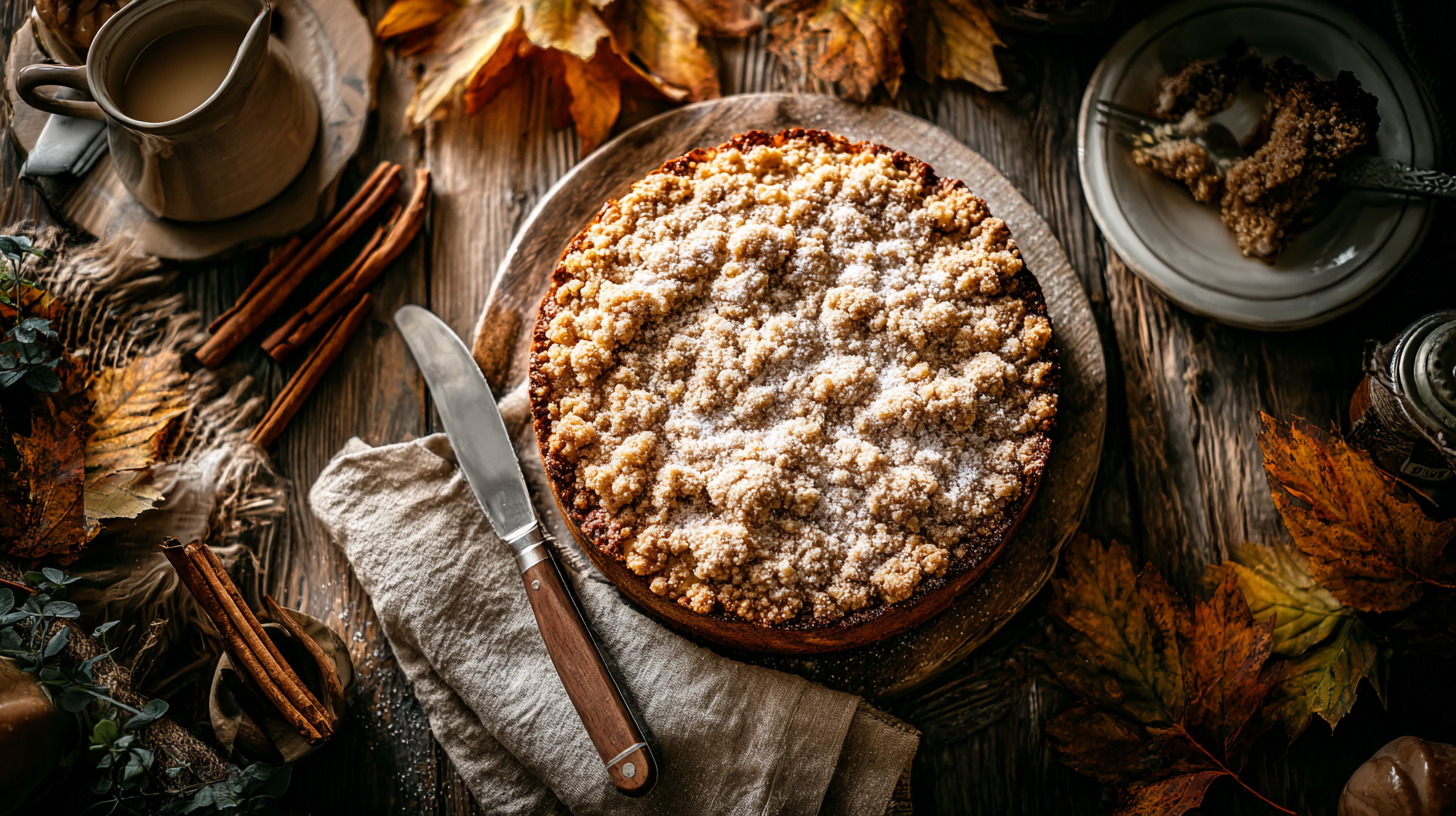Pumpkin coffee cake with cinnamon streusel on a wooden table