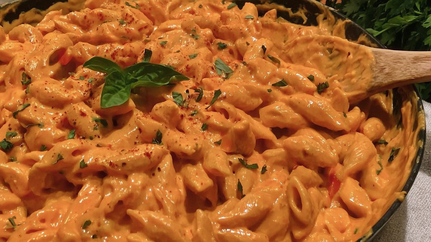 Creamy and cheesy skillet macaroni with golden crust in cast iron pan