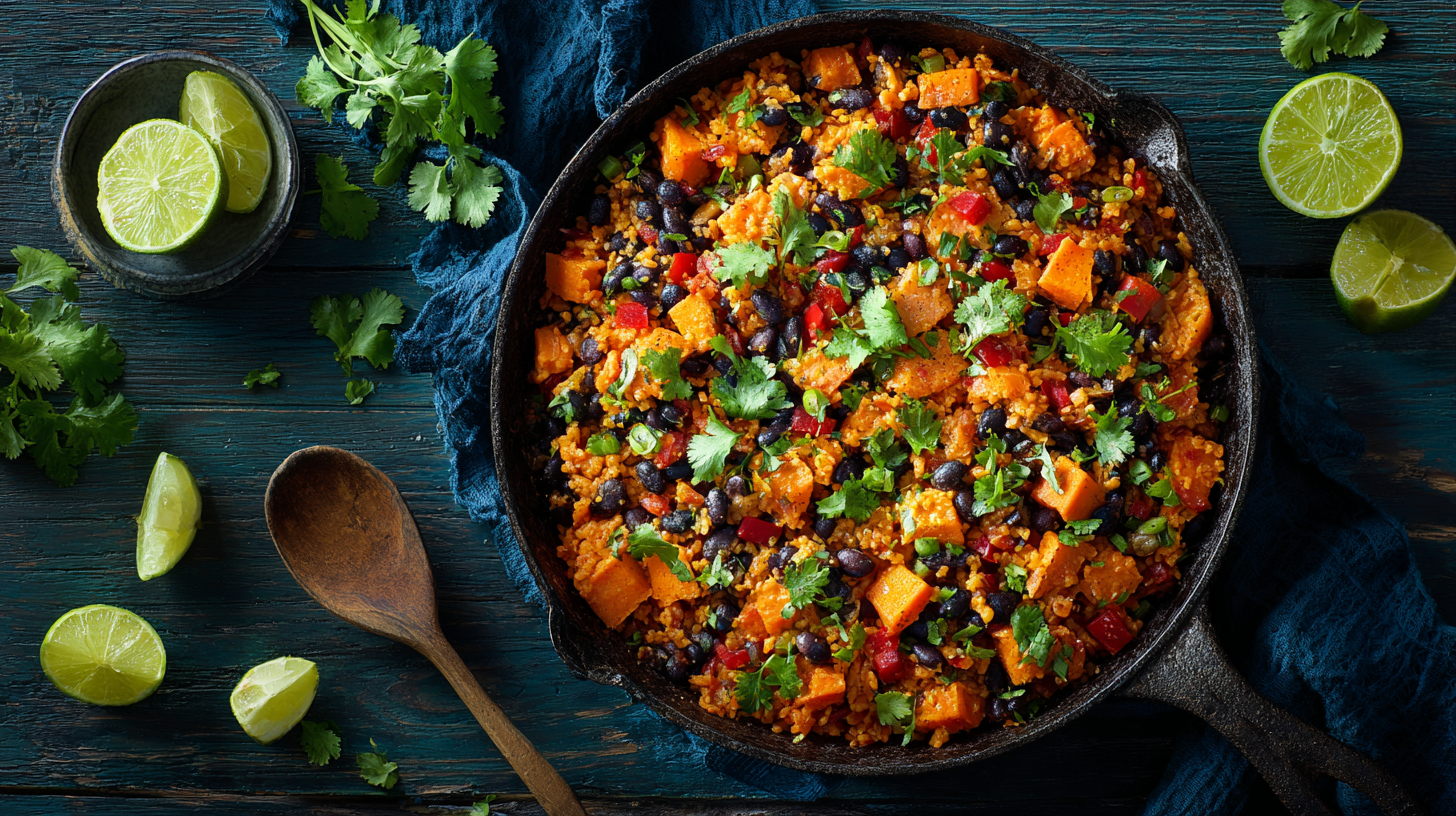 Southwest Sweet Potato Black Bean and Rice Skillet in cast iron pan