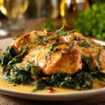 Paprika chicken in white wine butter thyme sauce on plate