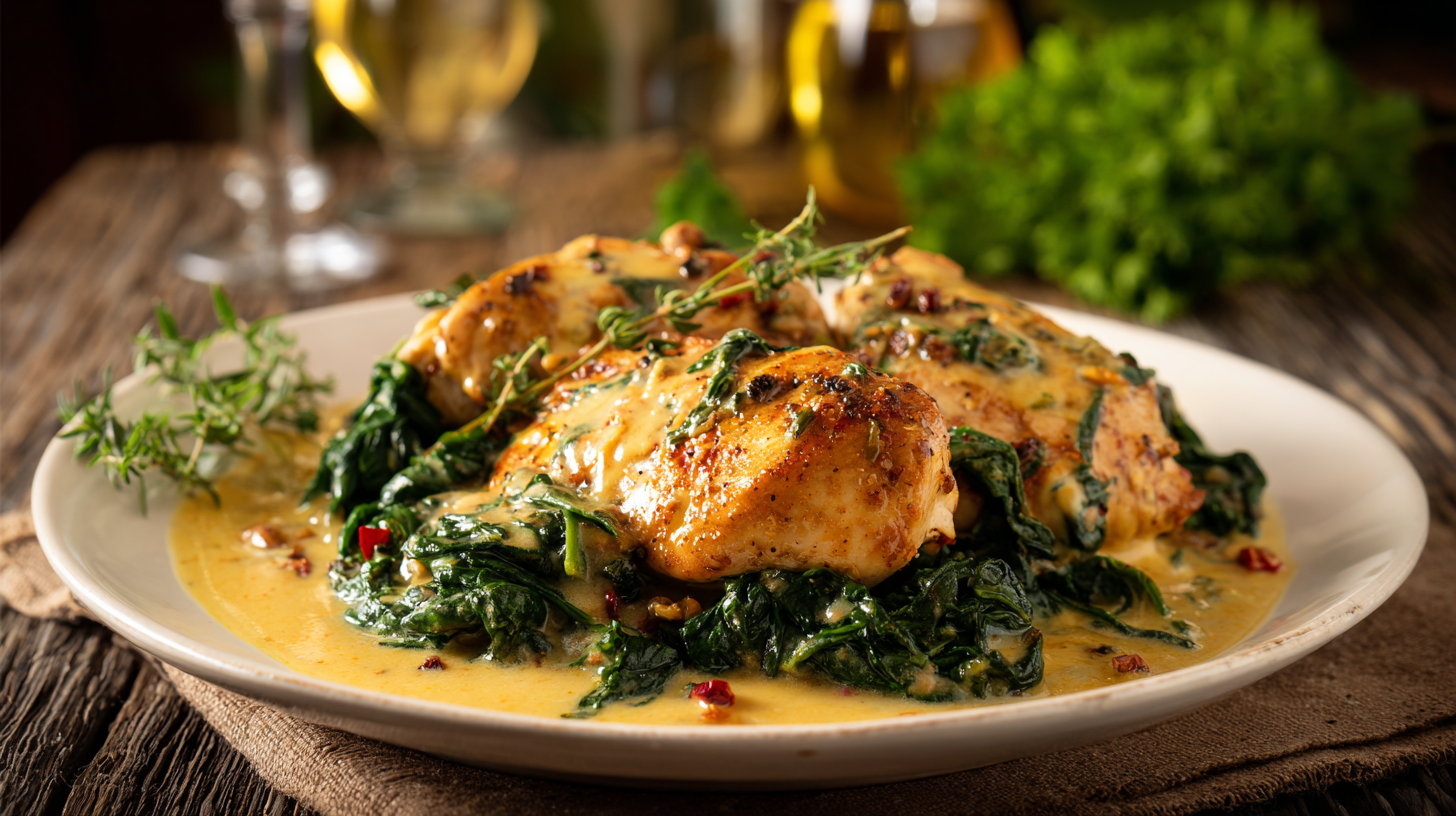 Paprika chicken in white wine butter thyme sauce on plate