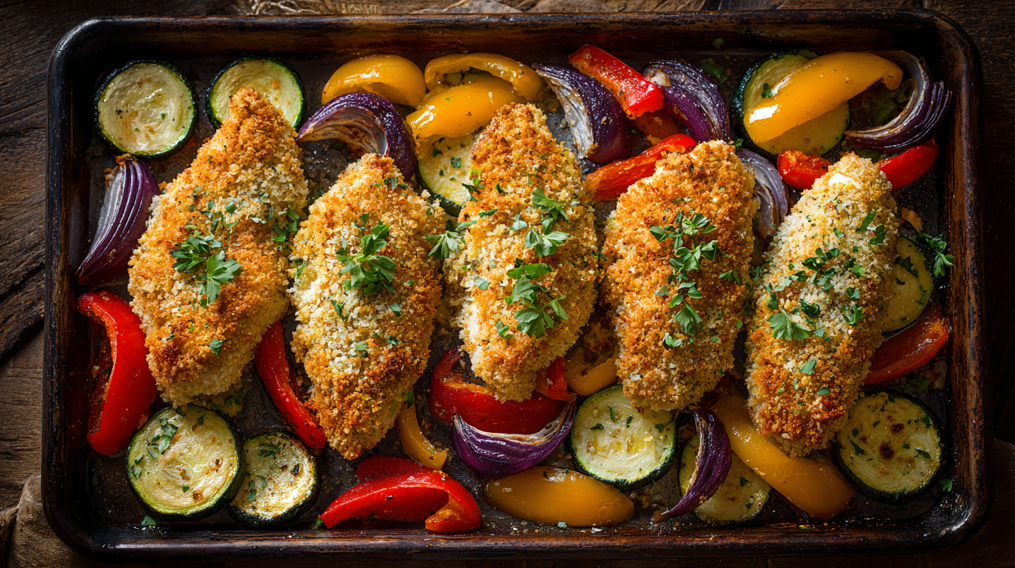 Parmesan crusted chicken with roasted vegetables on a sheet pan