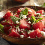 Bowl of Peach Watermelon Salad with Feta and Mint on a Summer Table