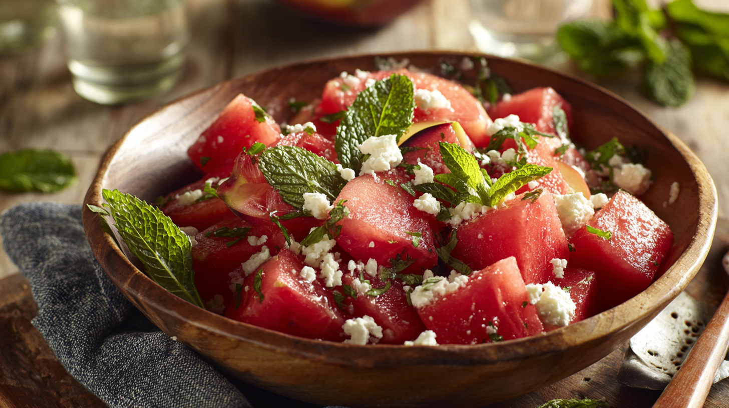 Bowl of Peach Watermelon Salad with Feta and Mint on a Summer Table