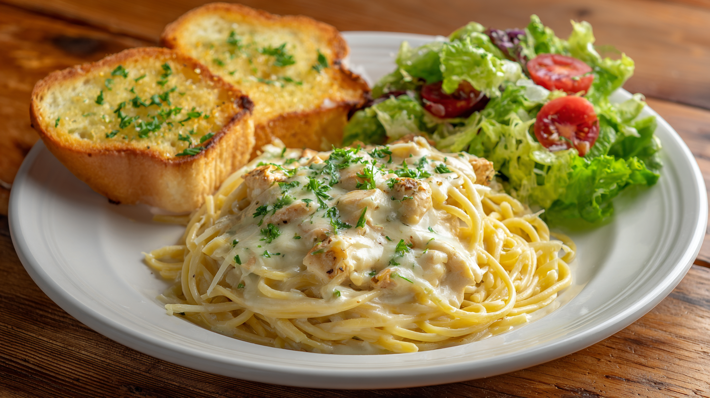 erved plate of CrockPot Chicken Spaghetti with sides