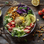 Overhead view of a colorful quinoa veggie bowl with fresh toppings